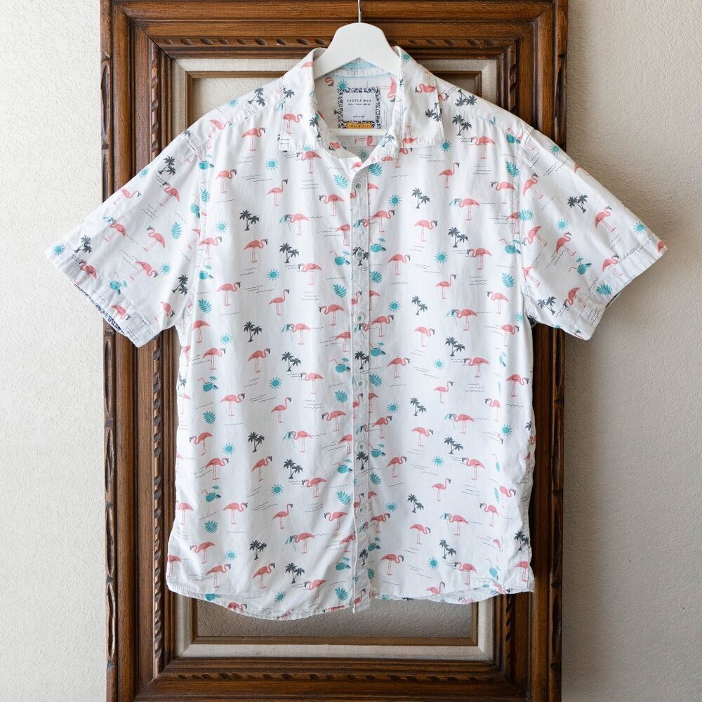 Cactus Man Ricky Singh Men’s Sz Large Flamingo Print 100% Cotton Button Up Shirt